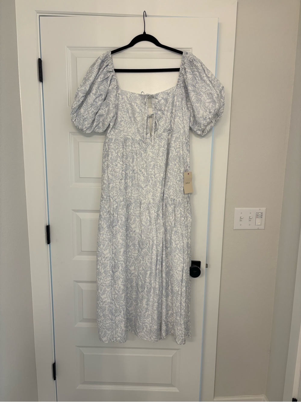 Boheme Light Blue Puff Sleeve Tie-Front Midi Dress